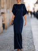 FJØRNA relaxed batwing sleeve fluid column maxi dress in flowing fabric, full-length style with loose fit and elegant drape