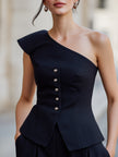 FJØRNA asymmetric one-shoulder buttoned peplum structured top for women, featuring a modern design and tailored fit.
