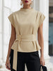 FJØRNA beige sleeveless women's top with high neck, tie waist, and gold belt buckle, showcasing a stylish and elegant design.