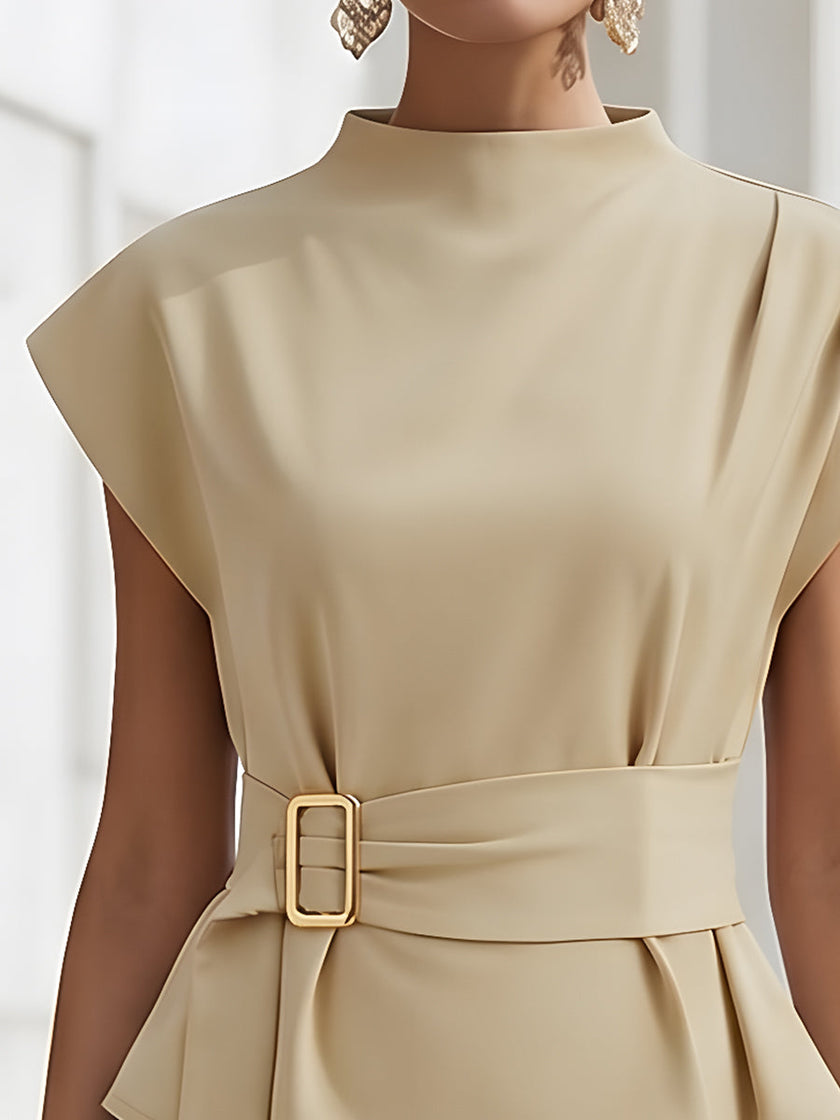 Beige sleeveless women's top by FJØRNA featuring a high neck, tie waist design, and gold belt buckle detail.