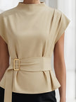 FJØRNA beige sleeveless women's top with high neck, tie waist, and gold belt buckle, stylish and elegant for warm weather.
