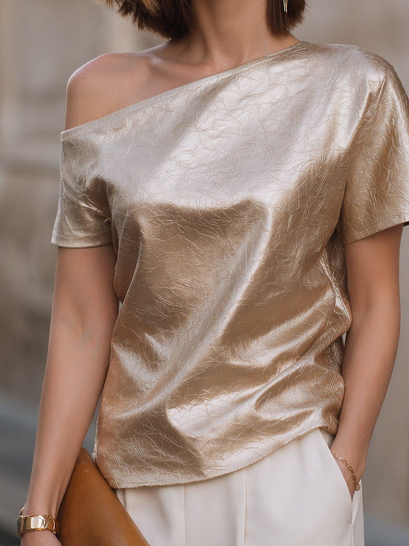 FJØRNA champagne one-shoulder textured blouse for women, relaxed fit with asymmetric design, stylish tops for women.