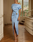 Light blue satin midi dress for women by FJØRNA, featuring a smooth, elegant fabric and a flattering midi length.