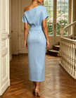 Light blue satin midi dress for women by FJØRNA, featuring a sleek, elegant design with a fitted bodice and flowing skirt.