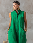 FJØRNA linen-blend sleeveless jumpsuit for women with stand collar, single-breasted, loose-fit, stylish pants ensemble.