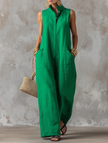 FJØRNA linen-blend sleeveless jumpsuit for women, loose-fit with stand collar and single-breasted design, featuring wide-leg pants.