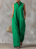 FJØRNA linen-blend sleeveless jumpsuit for women, loose-fit with stand collar and single-breasted design, featuring wide-leg pants.