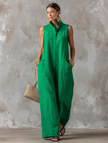 FJØRNA linen-blend sleeveless jumpsuit for women with stand collar, single-breasted design, loose-fit pants, casual and stylish.