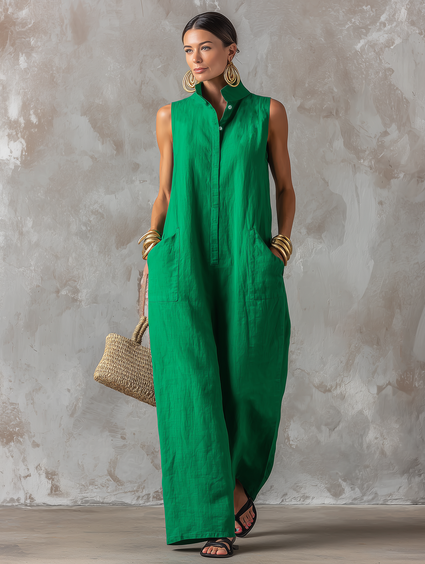 FJØRNA linen-blend sleeveless jumpsuit for women with stand collar, single-breasted design, loose-fit pants, casual and stylish.