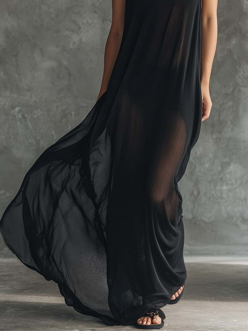Black Mesh Hooded Maxi Dress For Women