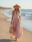 Bohemian West Resort elegant sleeveless cotton women's maxi dress by FJØRNA, featuring flowing fabric and boho-inspired design.