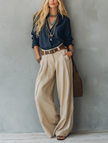 FJØRNA linen summer trousers for women with belt, casual vacation style, light fabric, and relaxed fit.