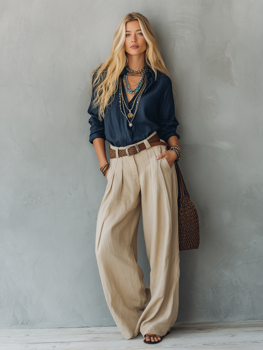 FJØRNA linen summer trousers for women with a belt, casual and breathable women’s clothing perfect for vacation or warm weather.