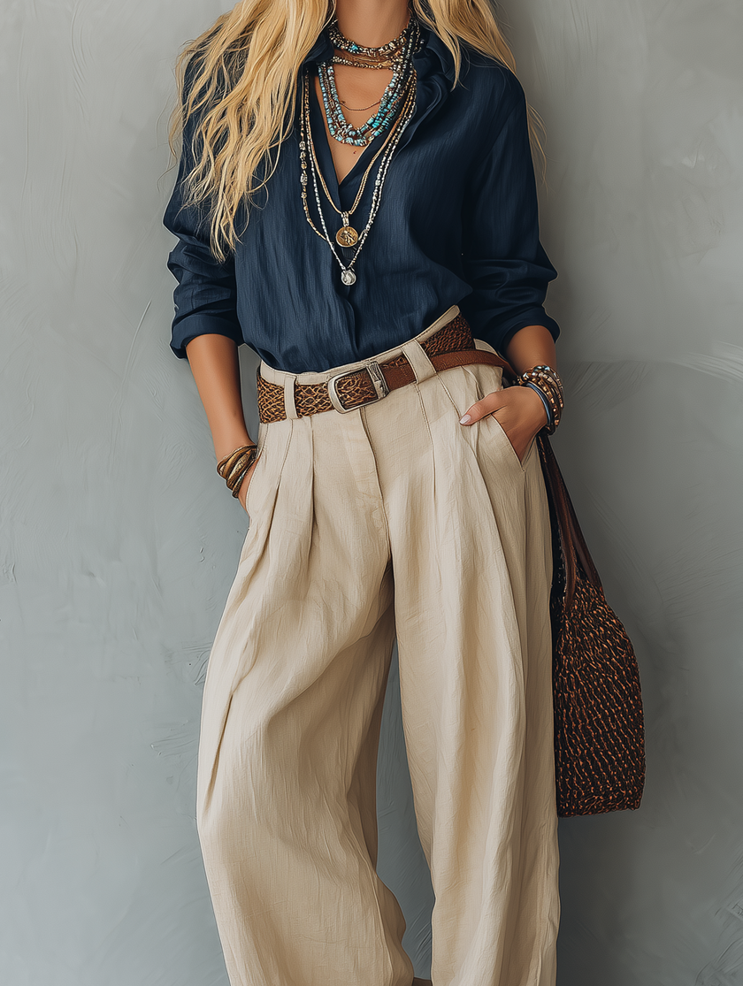 FJØRNA linen summer trousers for women with belt, lightweight vacation style, casual fit, beige color, relaxed fit.