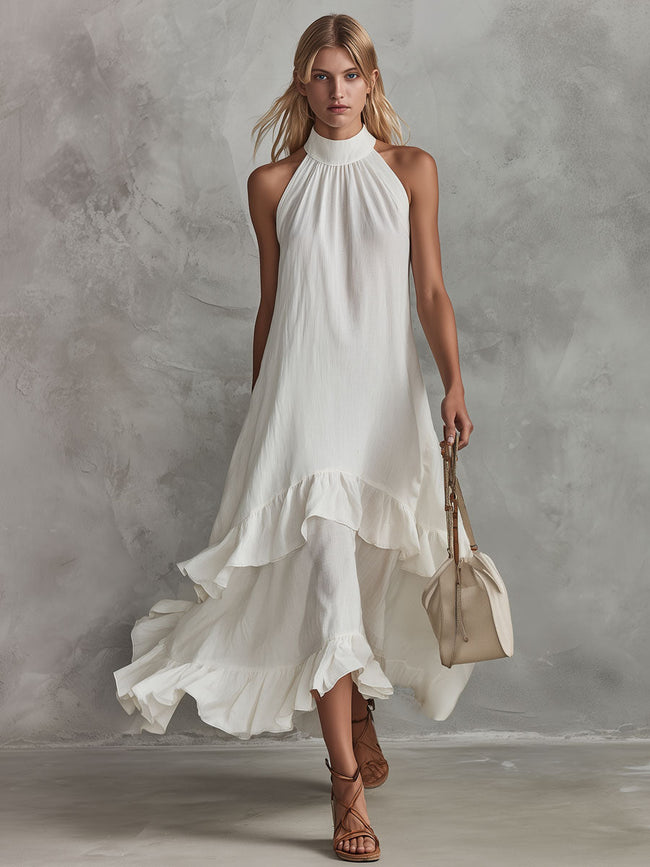 White sleeveless ruffled cotton-linen midi dress for women by FJØRNA, featuring a retro-elegant design and feminine style.