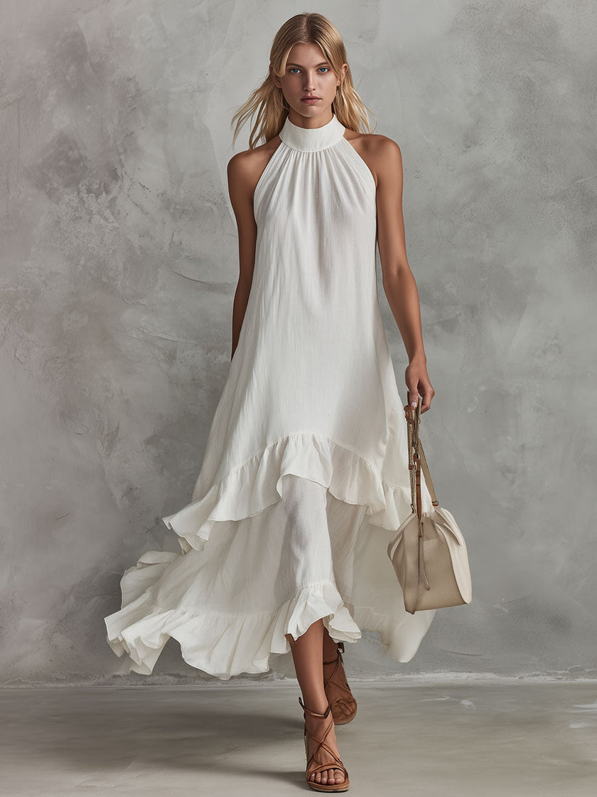 White sleeveless ruffled cotton-linen midi dress for women by FJØRNA, featuring a retro-elegant design and feminine style.
