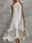 White sleeveless ruffled cotton-linen women's midi dress by FJØRNA, featuring a retro-elegant design with a flowing silhouette.