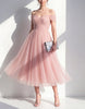 Pink tulle midi dress for women by FJØRNA, featuring a flowy skirt and elegant design.