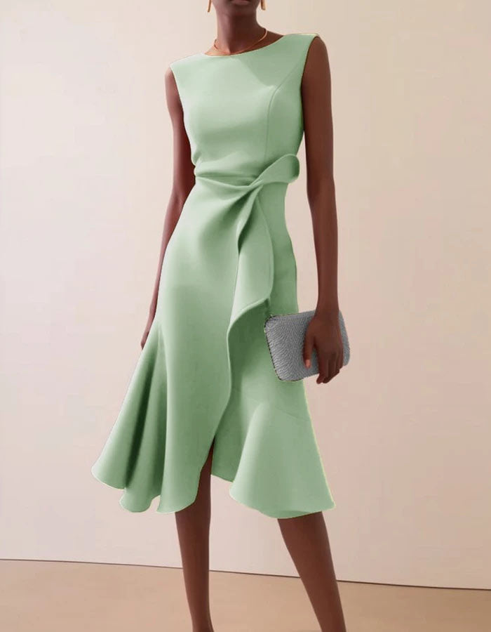Pink FJØRNA midi dress for women with round neck, sleeveless design, ruffle and bow details, perfect for stylish occasions.