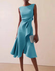 FJØRNA pink sleeveless midi dress with round neck, ruffle details, and bow accents for women.