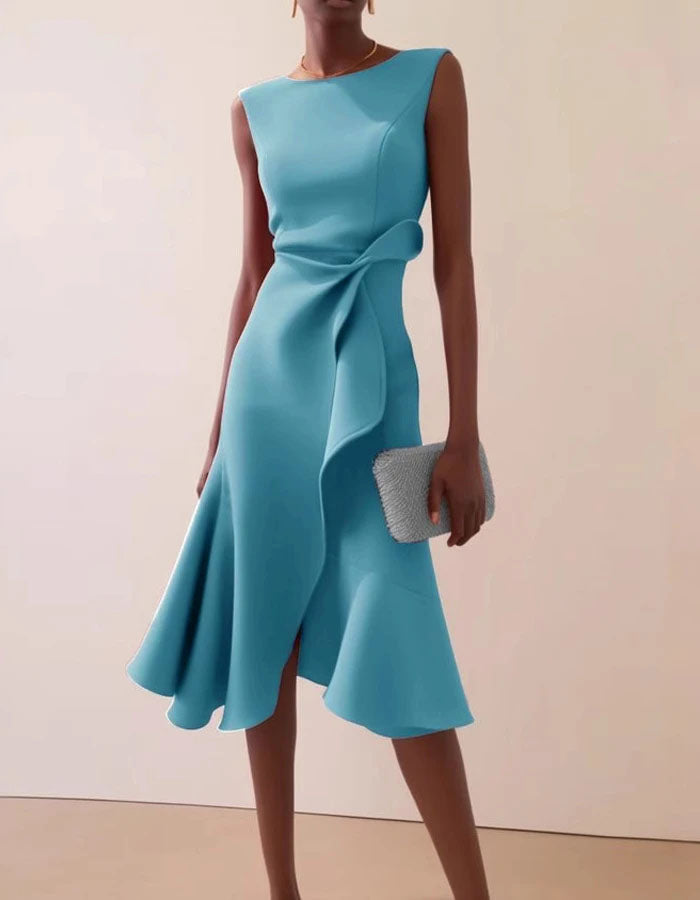 FJØRNA pink sleeveless midi dress with round neck, ruffle details, and bow accents for women.