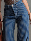 Blue striped straight-leg jeans for women by FJØRNA, showing front view with classic denim texture and relaxed fit.