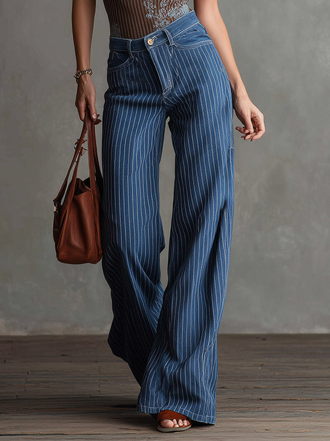Blue striped FJØRNA women's straight-leg jeans, showcasing a casual pants style with a relaxed fit and classic design.