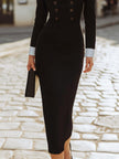 FJØRNA elegant faux-layered double-breasted slim midi dress for women, showcasing the stylish design and tailored fit.