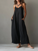 FJØRNA linen-blend women's spaghetti strap jumpsuit with lace neckline and frayed hem, loose-fit casual pants.
