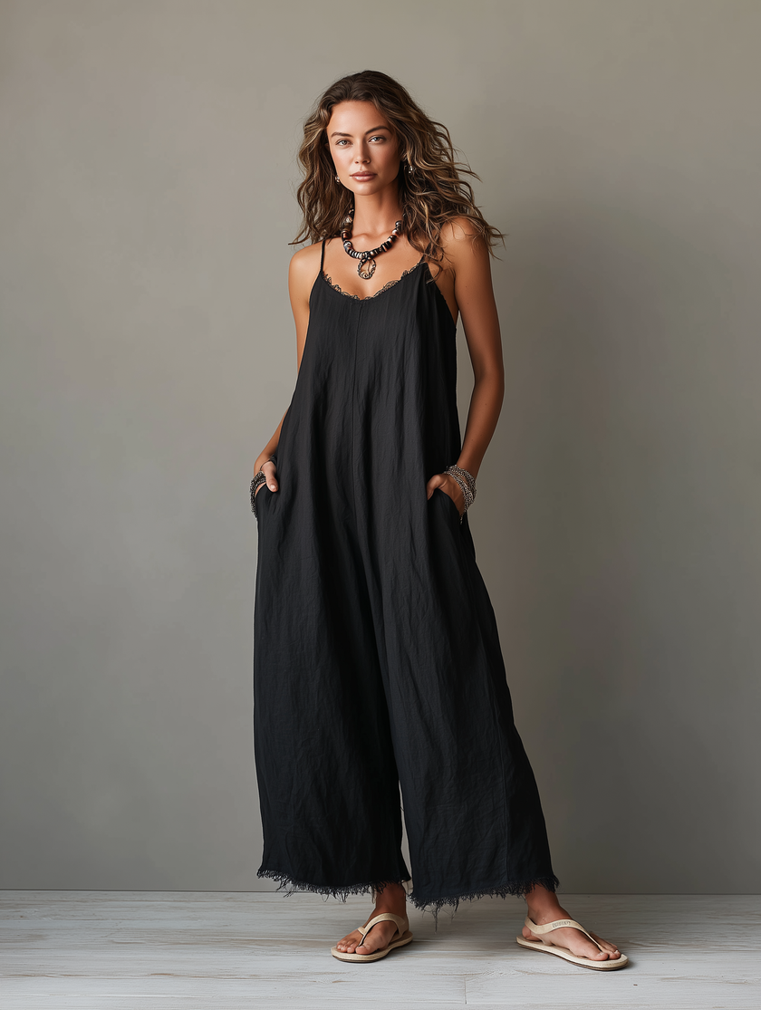 FJØRNA women's linen-blend spaghetti strap jumpsuit with lace neckline and frayed hem, loose fit, and stylish pant design.