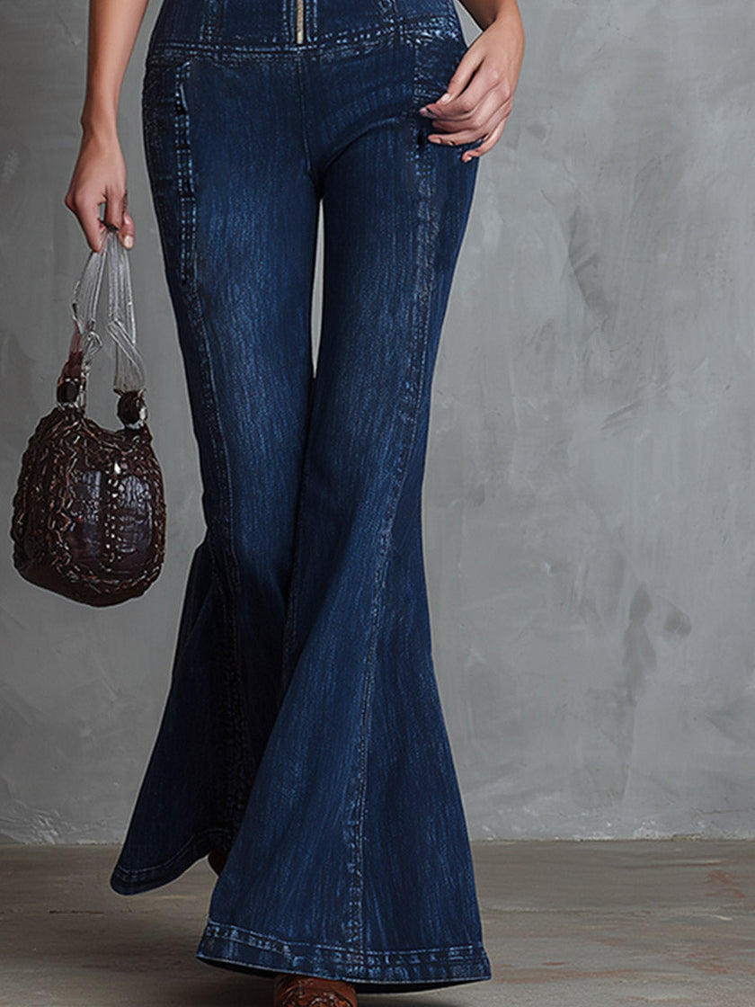 Dark blue denim flared jumpsuit for women by FJØRNA, featuring a fitted bodice and flared pant legs, casual and stylish.