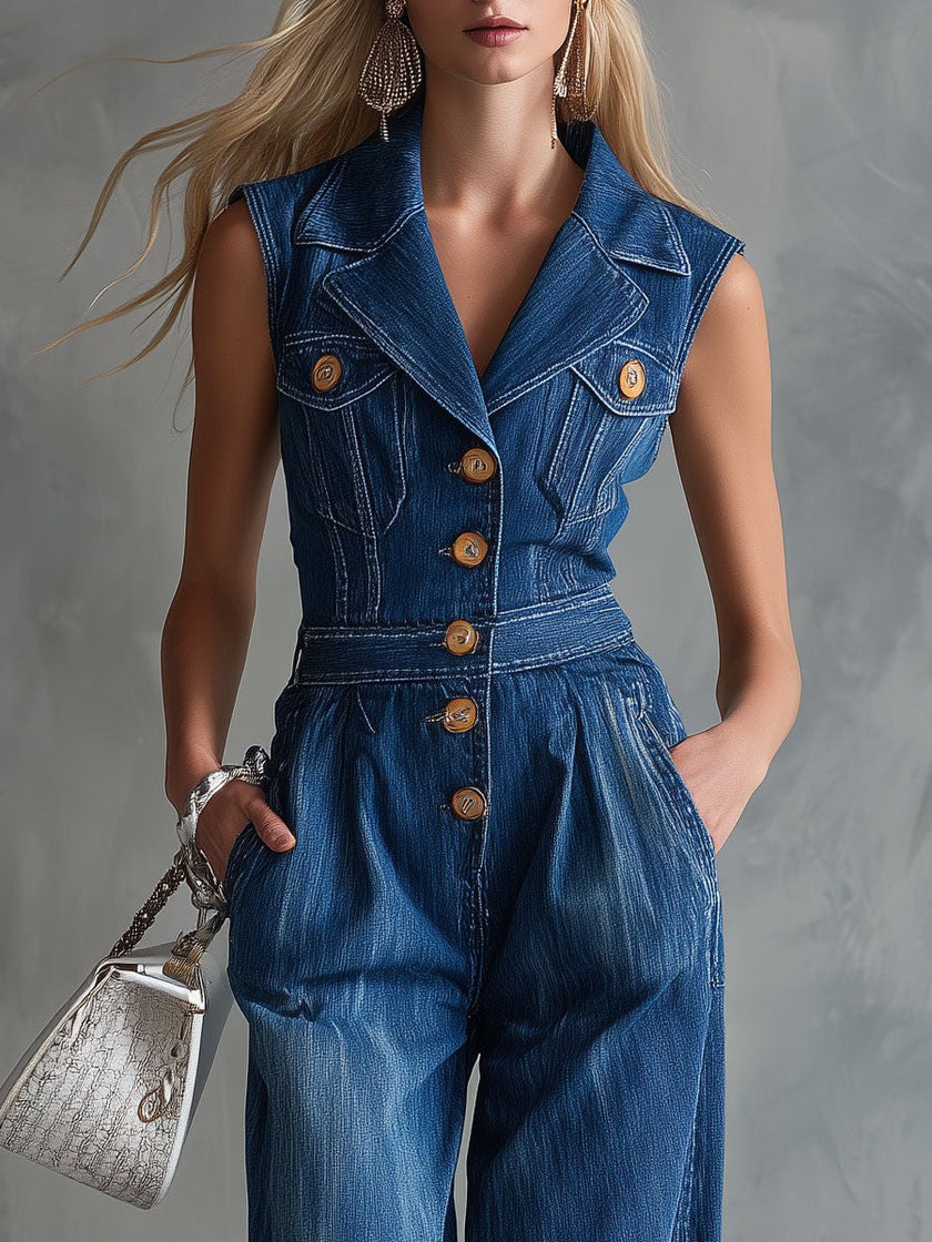 Blue washed denim sleeveless jumpsuit for women with a collared neckline, designed by FJØRNA, shown on a model.