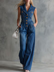 Blue washed denim sleeveless jumpsuit with collar for women by FJØRNA, featuring a stylish and casual design.