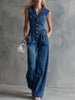 Blue washed denim sleeveless jumpsuit with collar for women by FJØRNA, featuring a stylish and casual design.