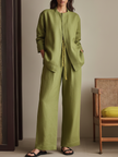 FJØRNA linen summer two-piece women's co-ord set with wide-leg pants and drawstring top, lightweight and stylish for warm weather