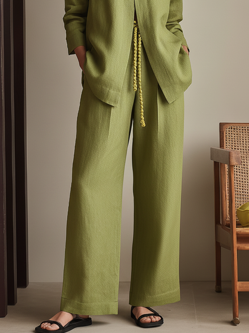 FJØRNA linen summer two-piece women's co-ord set with wide-leg pants and drawstring top, perfect for warm weather.