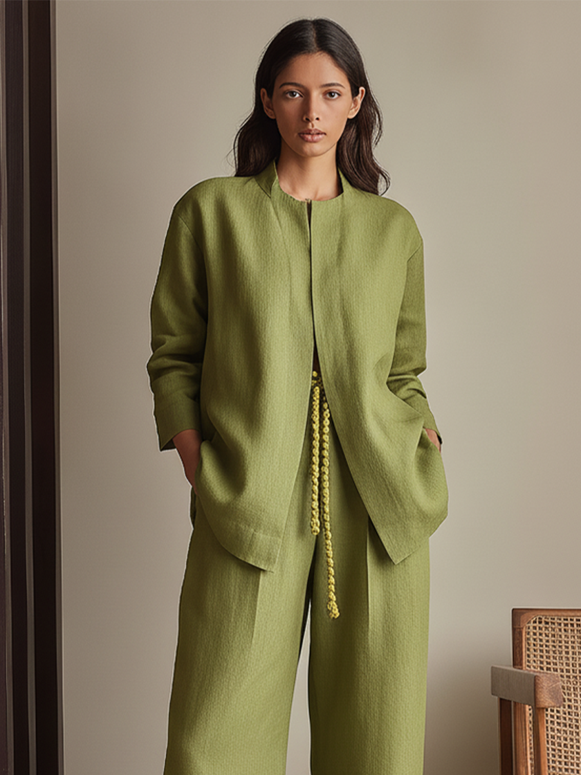 FJØRNA linen summer two-piece women's co-ord set with wide-leg pants and drawstring top, lightweight and stylish for warm weather.