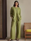 FJØRNA linen summer two-piece women's co-ord set with wide-leg pants and drawstring top, light and breathable for warm weather.