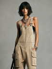 FJØRNA women's faux suede straight-leg overalls with zip front and multiple pockets, stylish and versatile pants for women.