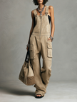 FJØRNA women's faux suede straight-leg overalls with zip front and multiple pockets, stylish pants for casual wear.