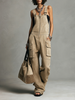 FJØRNA women's faux suede straight-leg overalls with zip front and multiple pockets, stylish pants for casual wear.