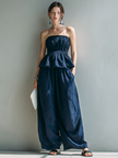 FJØRNA linen summer two-piece set for women with wide-leg pants and elastic waist, lightweight and breathable clothing ensemble.