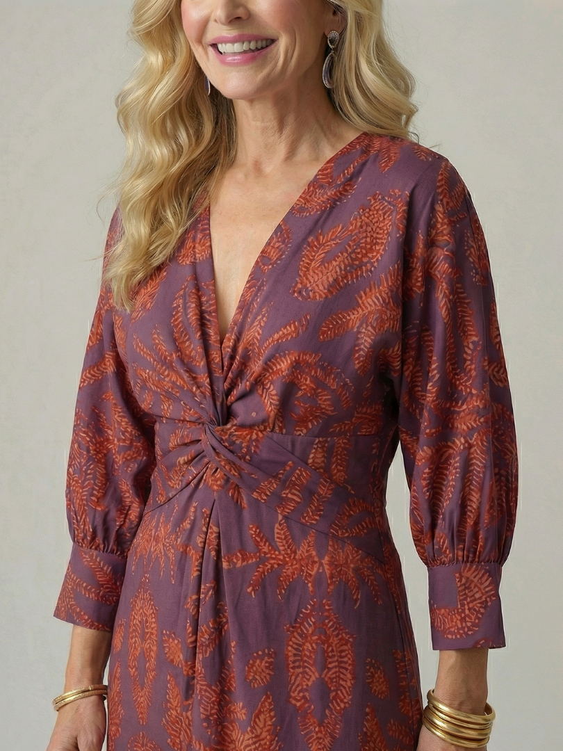 FJØRNA women's summer midi dress with long sleeves and wrap design, stylish and comfortable for warm weather.