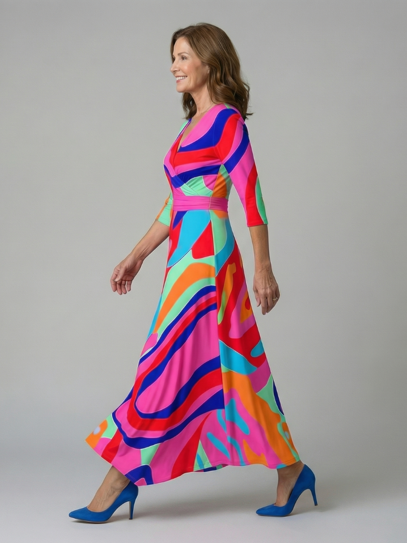 FJØRNA women's floral summer maxi dress with V-neck wrap design, flowing fabric, and vibrant floral pattern.
