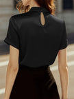 FJØRNA satin blouse for women featuring a high neck, keyhole detail, and short sleeves, stylish women's tops.