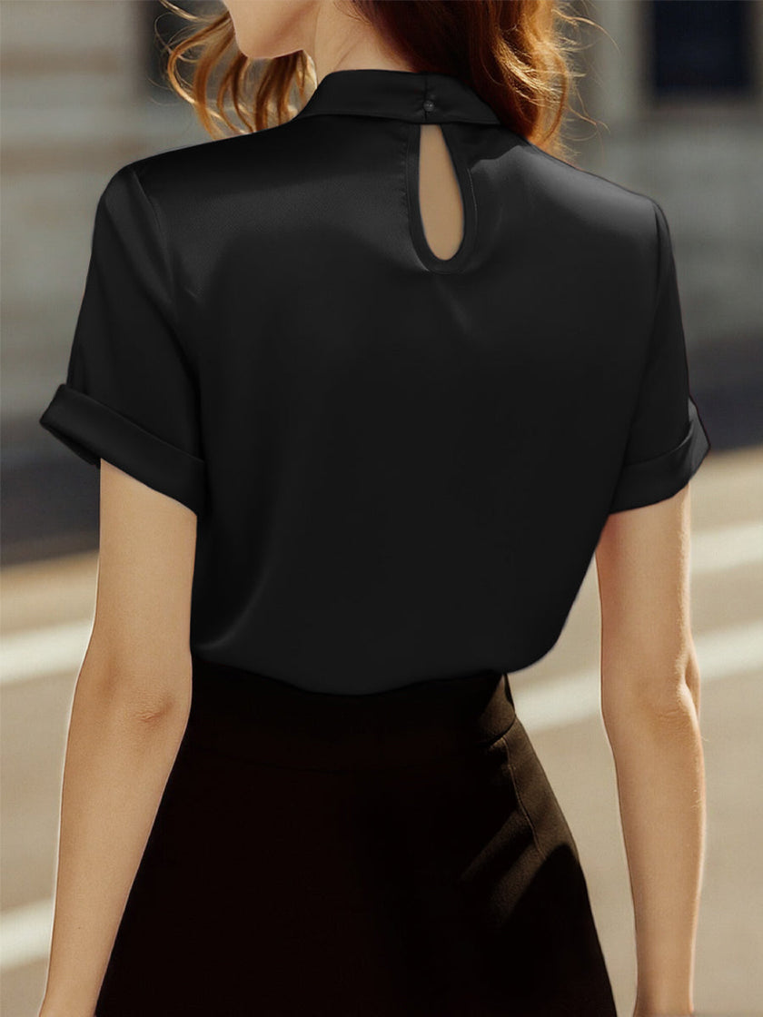 FJØRNA satin blouse for women featuring a high neck, keyhole detail, and short sleeves, stylish women's tops.