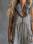 FJØRNA apricot leopard print hooded chiffon jumpsuit with long sleeves and relaxed fit, stylish and lightweight for casual wear.