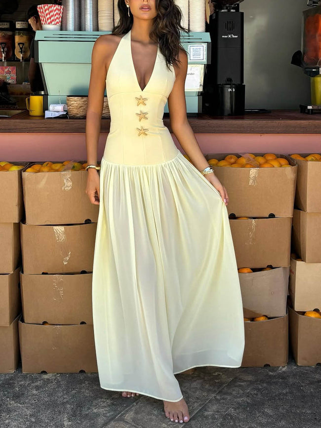 FJØRNA women's backless maxi dress with halterneck, lace-up deep V-neck, and elegant design for stylish occasions.