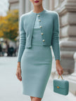 FJØRNA classic cropped knit cardigan paired with a matching midi dress, stylish knit set for women.