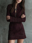 Vintage Suede Embroidered Lace Trim Women's Mini Dress - Party